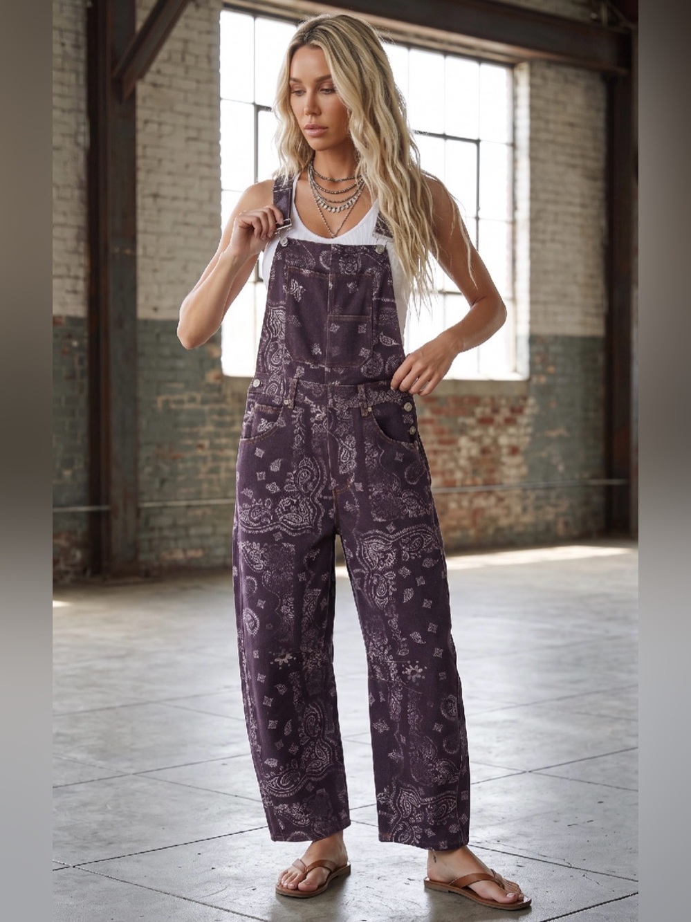 NWT Eesome Mineral Washed Paisley Boho Bandana Print Overalls Jumpsuit Jumper - Picture 7 of 8